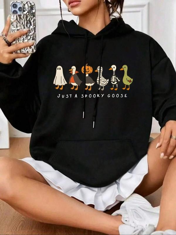 Women's Hooded Pocket Sweatshirt, Halloween Graphic Print, Casual Long Sleeve Top, Soft Comfortable Fabric, Fall & Winter...