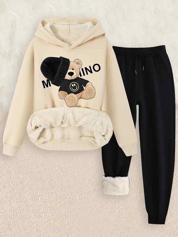 Women's Hooded Sweatshirt Set, Cartoon Bear & Letter Print, Casual Loose-Fit Thick Fabric, Fall Winter, 2 Piece Pack...