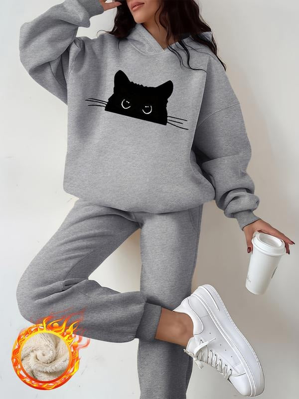 Women's Hooded Sweatshirt Set, Cartoon Cat Print, Thickened Long Sleeve Tracksuit, Fall & Winter Casual Wear T-Shirts, Hoodie