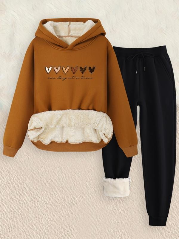 Women's Hooded Sweatshirt Set, Casual Loose-Fit Thick Fabric, Heart & Letter Print, Fall Winter, 2 Piece Set T-Shirts, Hoodie