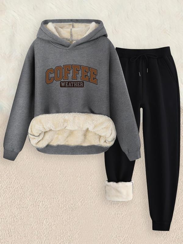 Women's Hooded Sweatshirt Set, Coffee Weather Letter Print, Casual Loose Fit, Fall & Winter Fashion, Thick Knit Fabric, 2...