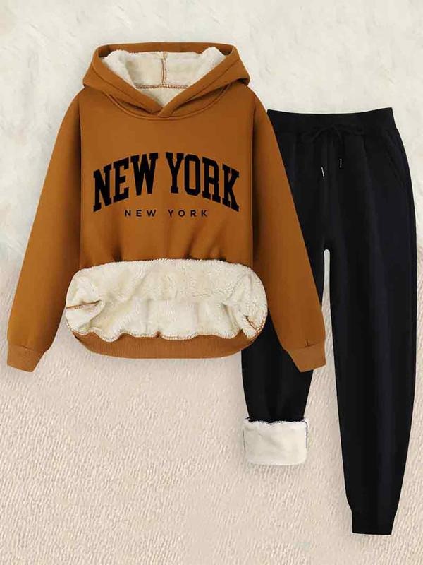 Women's Hooded Sweatshirt Set, New York Letter Print, Casual Loose Fit, Thick Fabric, Fall & Winter Wear, 2 Piece...