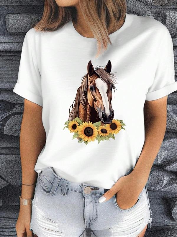 Women's Horse & Floral Print Round Neck Tee, Vintage Trendy Casual Short Sleeve T-shirt for Daily Wear, Ladies Summer...