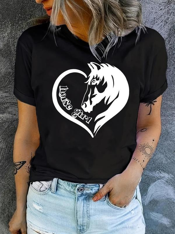 Women's Horse & Heart & Letter Print Round Neck Tee, Vintage Trendy Casual Short Sleeve T-shirt for Daily Wear, Ladies...