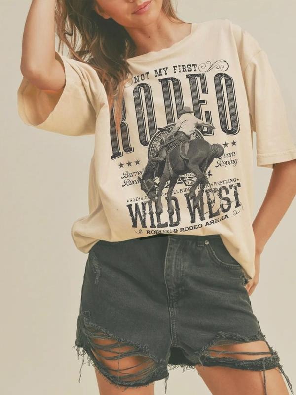 Women's Horse & Letter Print Round Neck Graphic Tee, Vintage Trendy Casual Short Sleeve T-shirt for Daily Wear, Ladies...