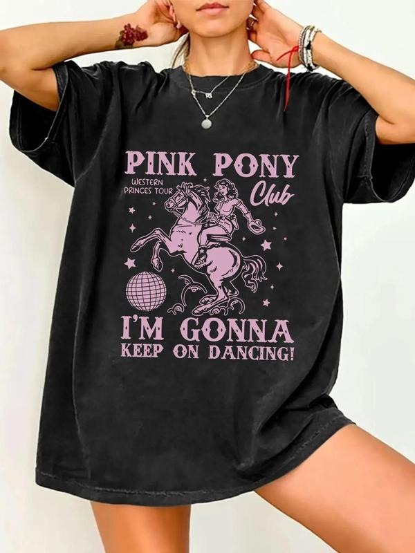 Women's Horse & Letter Print Round Neck Tee, Vintage Trendy Casual Short Sleeve T-shirt for Daily Wear, Ladies Summer...