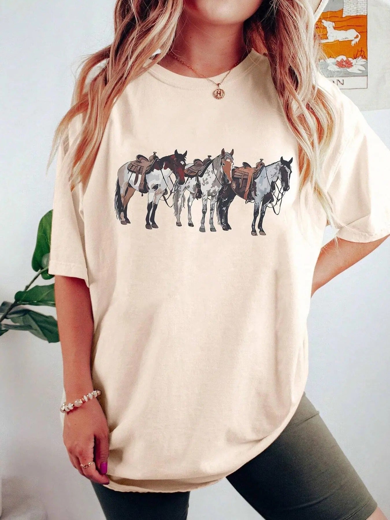 Women's Horse Print Crew Neck Tee, Casual Short Sleeve T-shirt for Summer, Fashion Women's Top for Daily Wear Hoodie,...