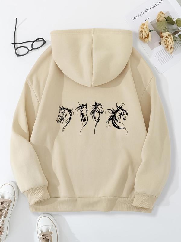 Women's Horse Print Drawstring Pocket Hoodie, Fashion Casual Hooded Sweatshirt for Daily Wear, Women Clothing for Fall &...