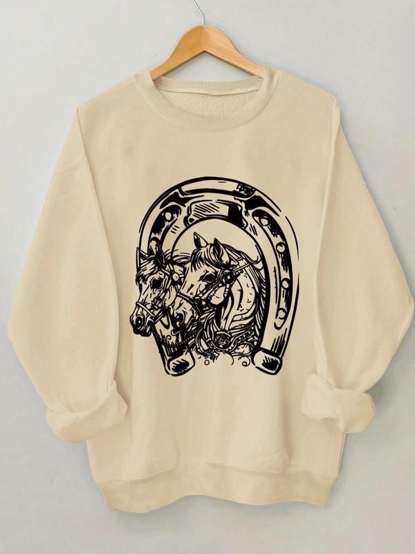 Women's Horse Print Drop Shoulder Sweatshirt, Casual Long Sleeve Round Neck Pullover for Daily Wear, Ladies Clothes for...