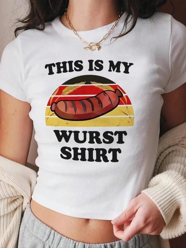 Women's Hot Dog & Letter Print Round Neck Tee, Casual Short Sleeve Crew Neck T-Shirt for Summer, Fashion Women's Top for...