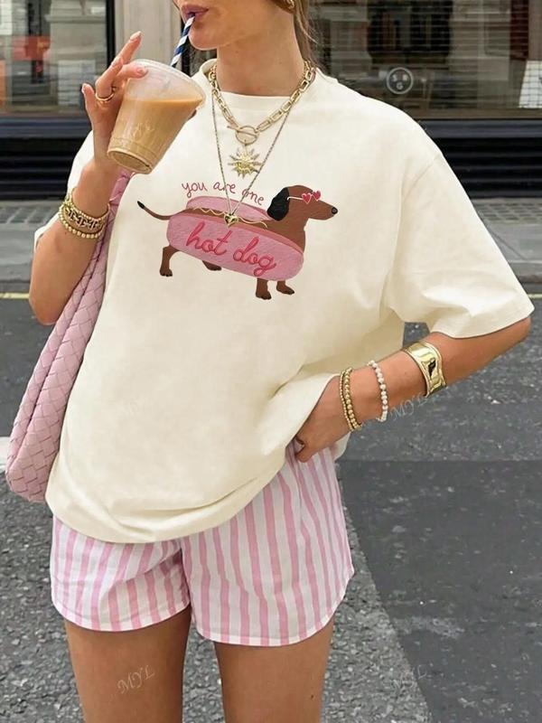 Women's Hot Dog Print Round Neck Tee, Fashion Casual Crew Neck T-Shirt for Daily Holiday Vacation Outdoor Wear, Ladies...