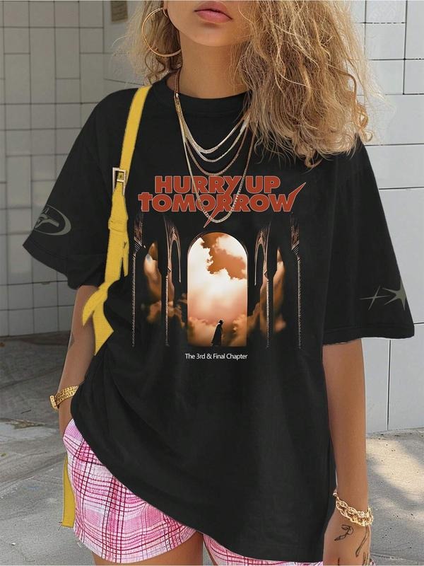 Women's Hurry Up Tomorrow Letter Print Round Neck Graphic Tee, Vintage Trendy Casual Short Sleeve T-shirt for Daily Wear,...