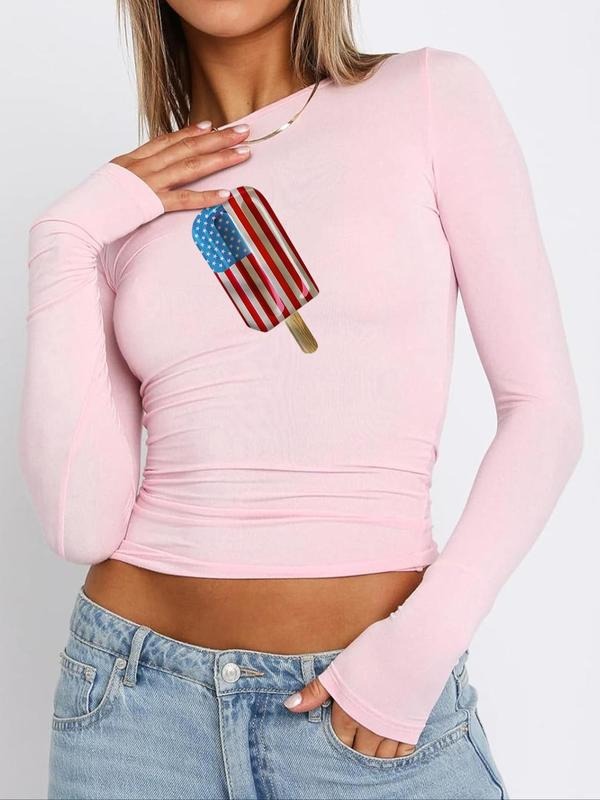 Women's Ice Cream & Flag Print Round Neck Tee, Y2K Trendy Casual Long Sleeve T-shirt for Spring & Fall, Women's Top for...