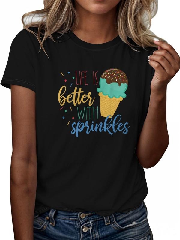 Women's Ice Cream & Letter Print Round Neck Tee, Casual Short Sleeve T-shirt, Ladies All Seasons Outfit Hoodie, Sweatshirt