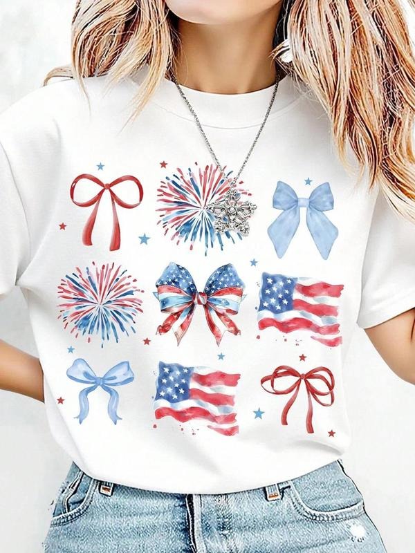 Women's Independence Day Print Round Neck Tee, Casual Star & Bow Print Short Sleeve T-shirt for Daily Wear, Ladies...