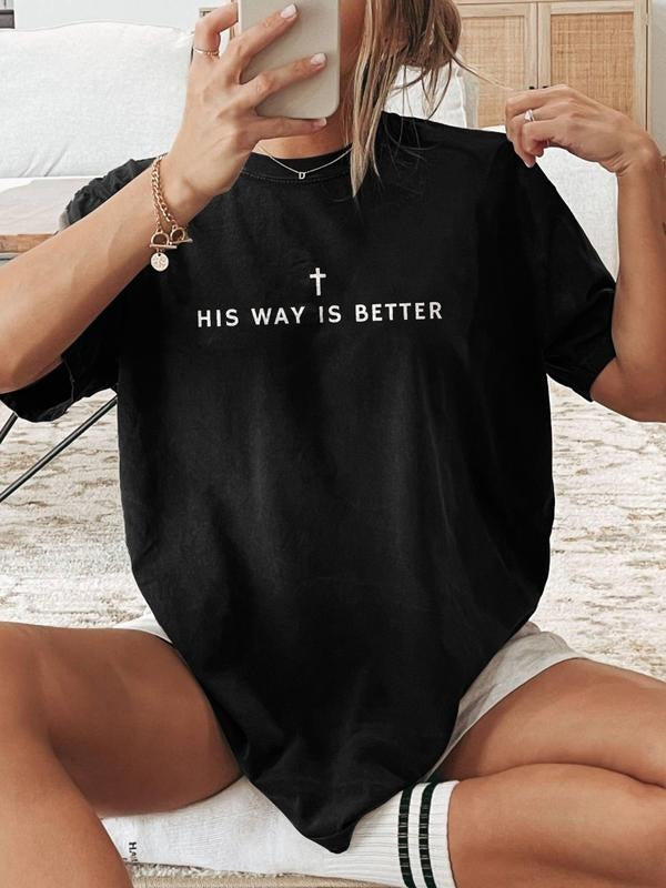 Women's Inspirational Faith T-Shirt, Black Tee with "His Way Is Better" Print and Cross Design for Church Activities,...