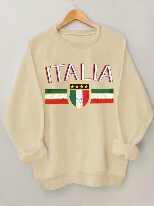 Women's Italy Flag & Letter Print Round Neck Sweatshirt, Casual Long Sleeve Crew Neck Pullover for Spring & Fall, Fashion...