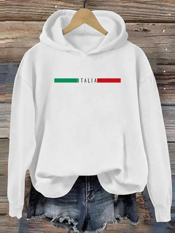 Women's Italy Flag Print Drop Shoulder Hoodie, Casual Long Sleeve Hooded Sweatshirt for Daily Holiday Outdoor Wear, Women...