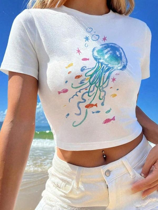 Women's Jellyfish Print Off Shoulder Tee, Casual Fashion Crew Neck T-shirt for Summer, Women's Top for Daily Wear Hoodie,...