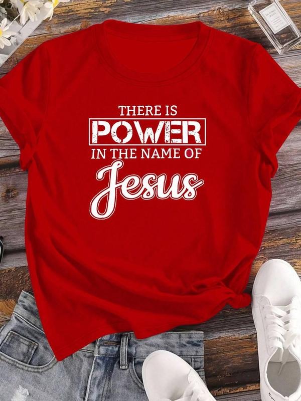 Women's Jesus Name Letter Print Short Sleeve T-Shirt, Casual Loose Fit Round Neck Top, Soft Breathable Fabric, Summer...