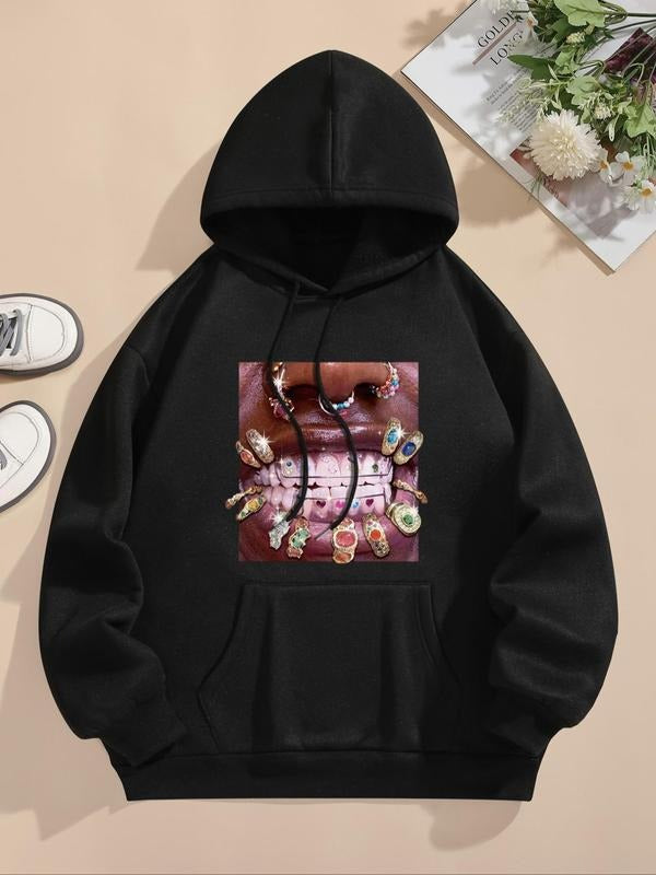 Women's Jewelry Graphic Drop Shoulder Hoodie, Fashion Casual Drawstring Pocket Hooded Sweatshirt for Daily Holiday...