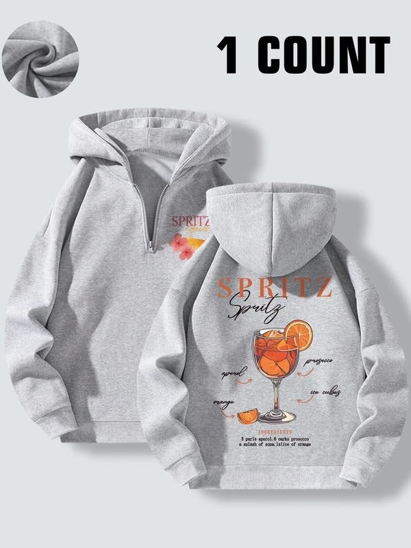 Women's Juice Print Half Zip Hoodie, Casual Long Sleeve Hooded Sweatshirt for Spring & Fall, Fashion Women's Top for...