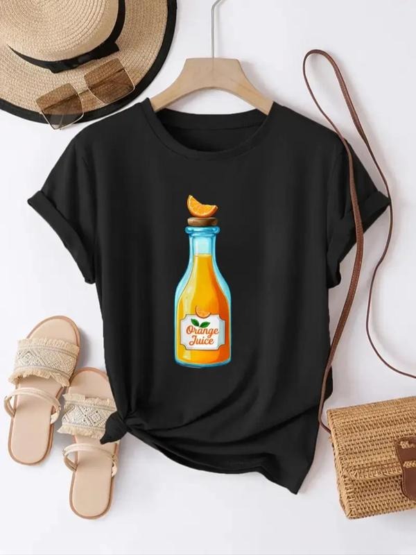 Women's Juice Print Round Neck Tee, Casual Short Sleeve Crew Neck T-Shirt for Summer, Fashion Women's Top for Daily Wear...