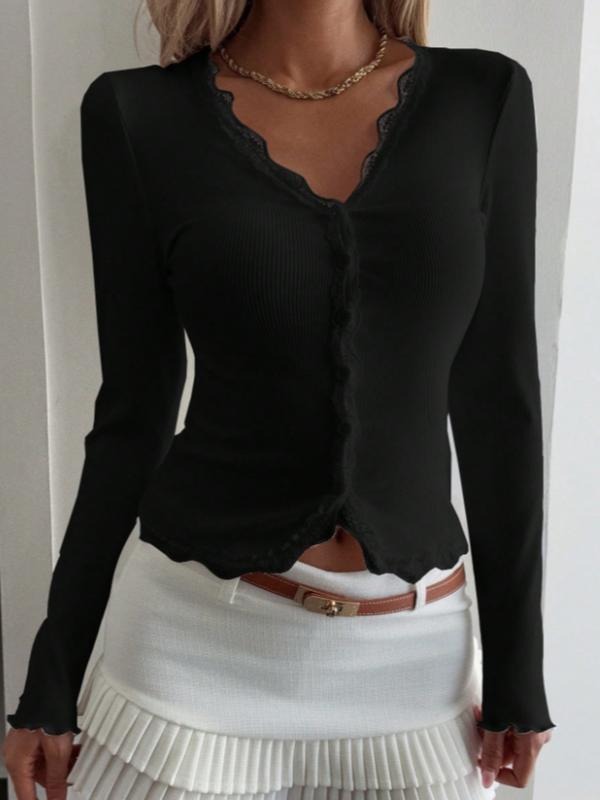 Women's Lace Trim Knitted Long Sleeve T-Shirt, Casual Fashion Top, Comfortable and Stylish, Perfect for Daily Wear...
