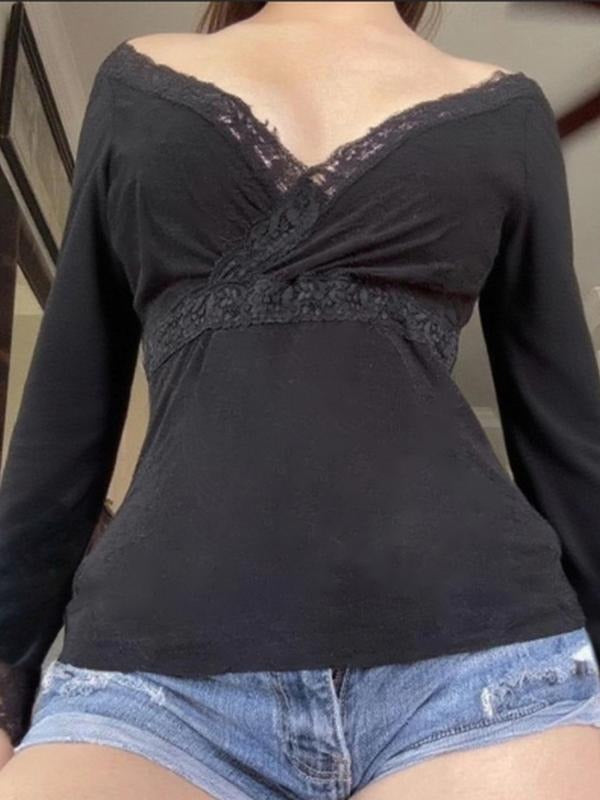 Women's Lace Trim V-Neck Long Sleeve T-Shirt, Y2K Aesthetic Spring & Fall Top, Stylish Casual Wear for Everyday Use...
