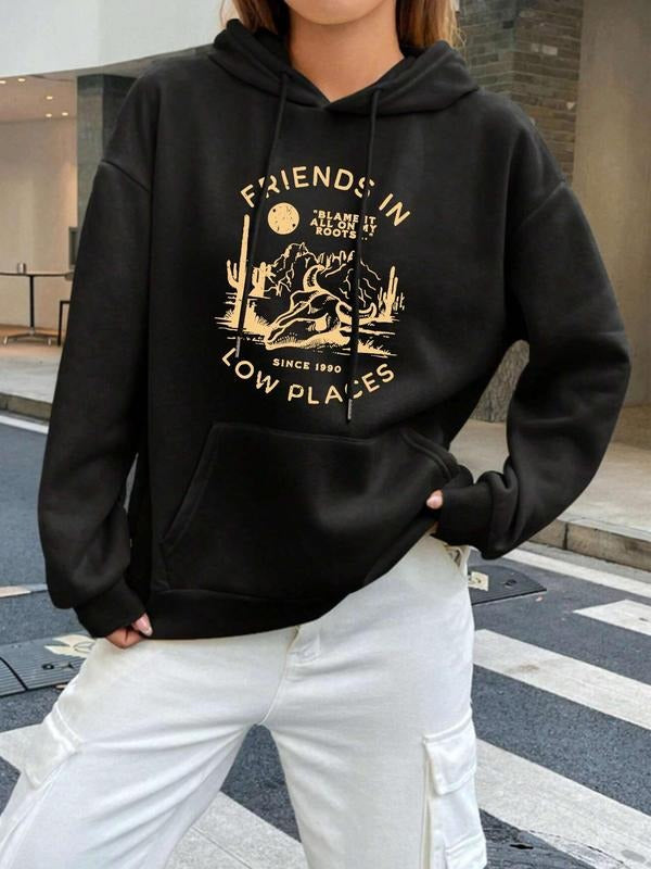 Women's Landscape & Bull Head & Letter Print Drop Shoulder Hoodie, Fashion Casual Drawstring Pocket Hooded Sweatshirt for...