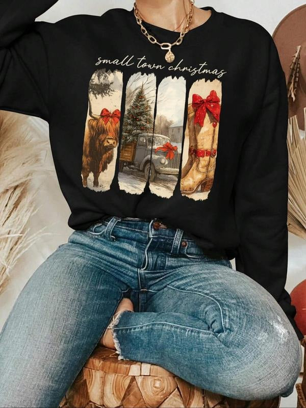 Women's Landscape & Letter Print Crew Neck Sweatshirt, Casual Long Sleeve Pullover for Fall & Winter, Women's Clothes for...