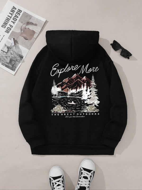 Women's Landscape & Letter Print Drawstring Pocket Hoodie, Casual Fashion Hooded Sweatshirt for Fall & Winter, Women's...