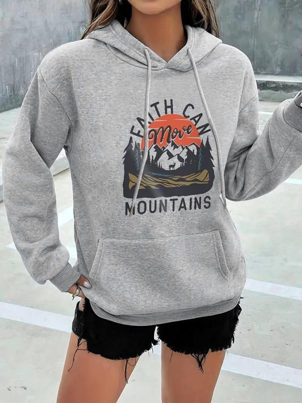 Women's Landscape & Letter Print Drop Shoulder Hoodie, Fashion Casual Drawstring Pocket Hooded Sweatshirt for Daily...