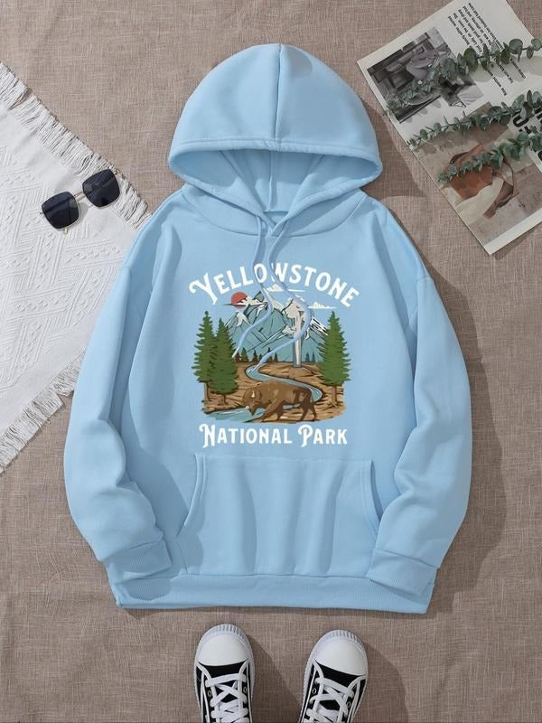 Women's Landscape & Letter Print Drop Shoulder Hoodie, Fashion Casual Drawstring Pocket Hooded Sweatshirt for Daily...
