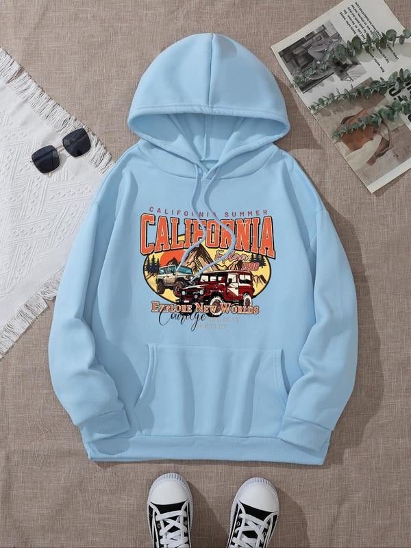 Women's Landscape & Letter Print Drop Shoulder Hoodie, Fashion Casual Drawstring Pocket Hooded Sweatshirt for Daily...