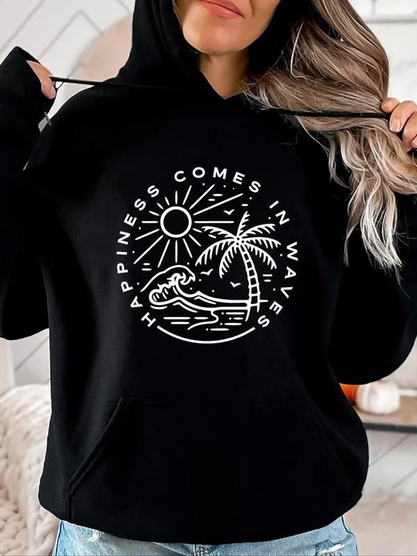 Women's Landscape & Letter Print Drop Shoulder Hoodie, Fashion Casual Drawstring Pocket Hooded Sweatshirt for Daily...