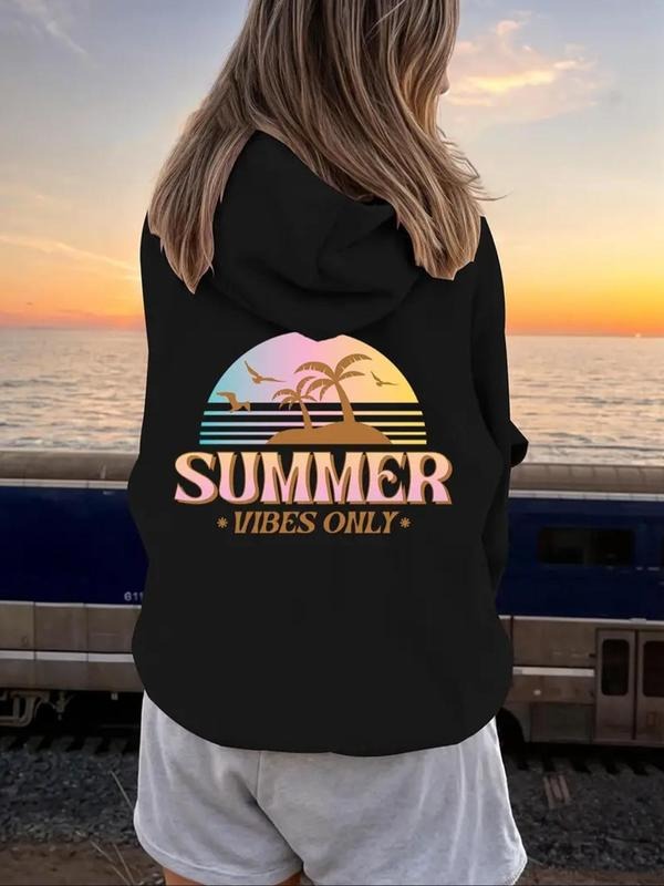 Women's Landscape & Letter Print Drop Shoulder Hoodie, Fashion Casual Drawstring Pocket Hooded Sweatshirt for Daily...