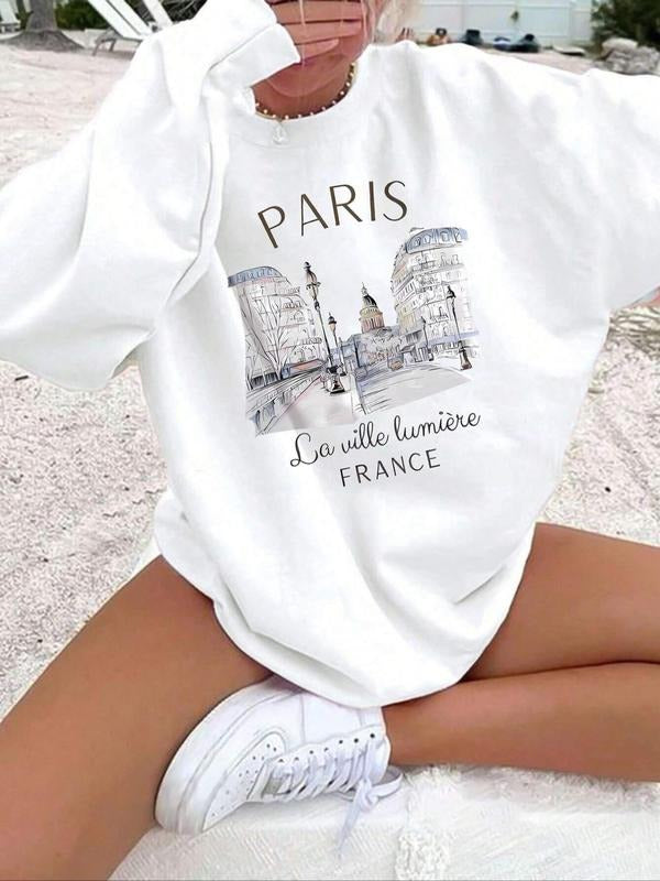 Women's Landscape & Letter Print Drop Shoulder Pullover, Casual Long Sleeve Crew Neck Sweatshirt for Fall & Winter,...