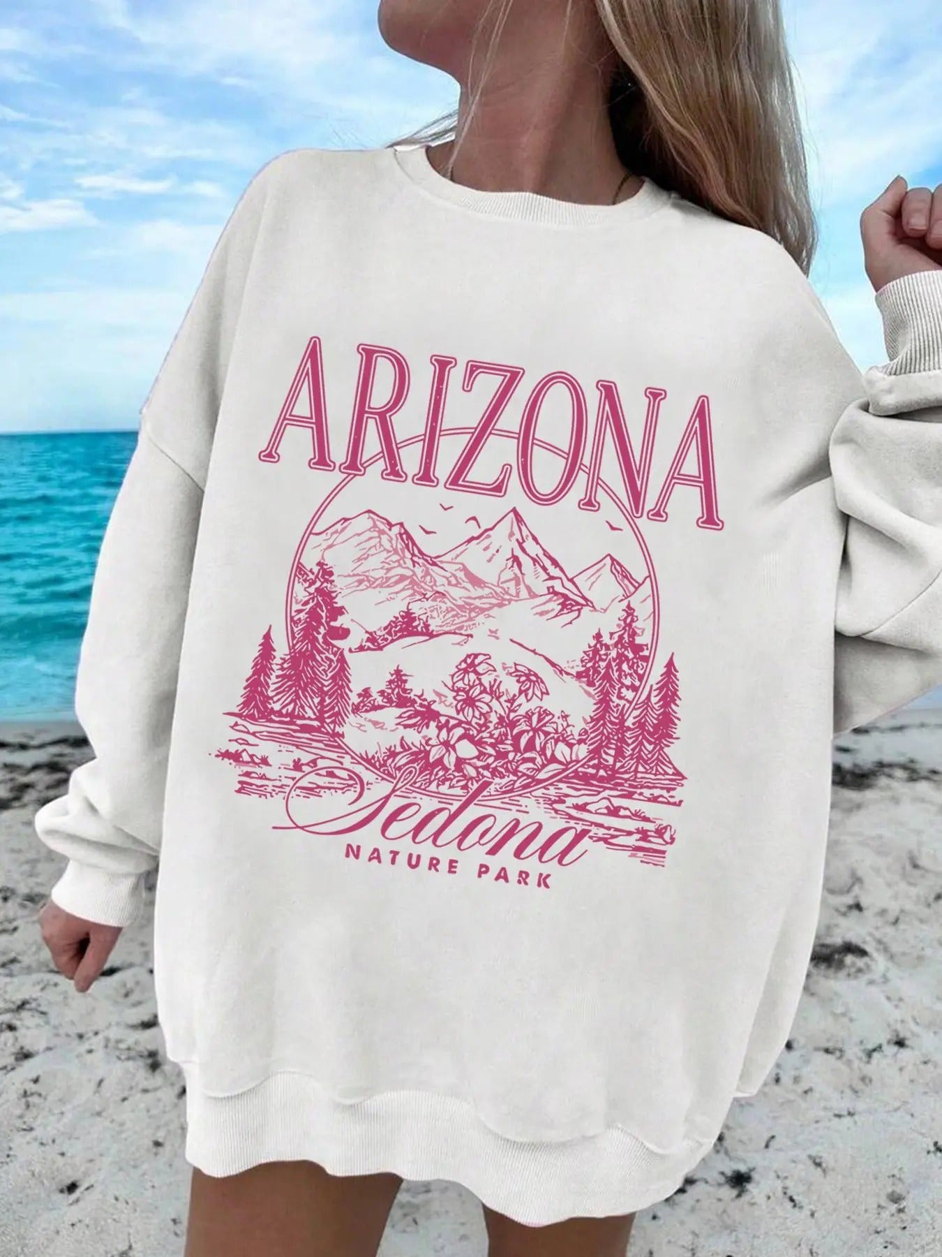 Women's Landscape & Letter Print Drop Shoulder Sweatshirt, Casual Long Sleeve Round Neck Pullover for Daily Wear, Ladies...