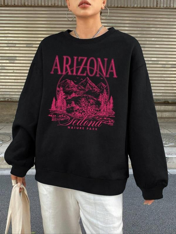 Women's Landscape & Letter Print Drop Shoulder Sweatshirt, Casual Long Sleeve Round Neck Pullover for Fall & Winter,...