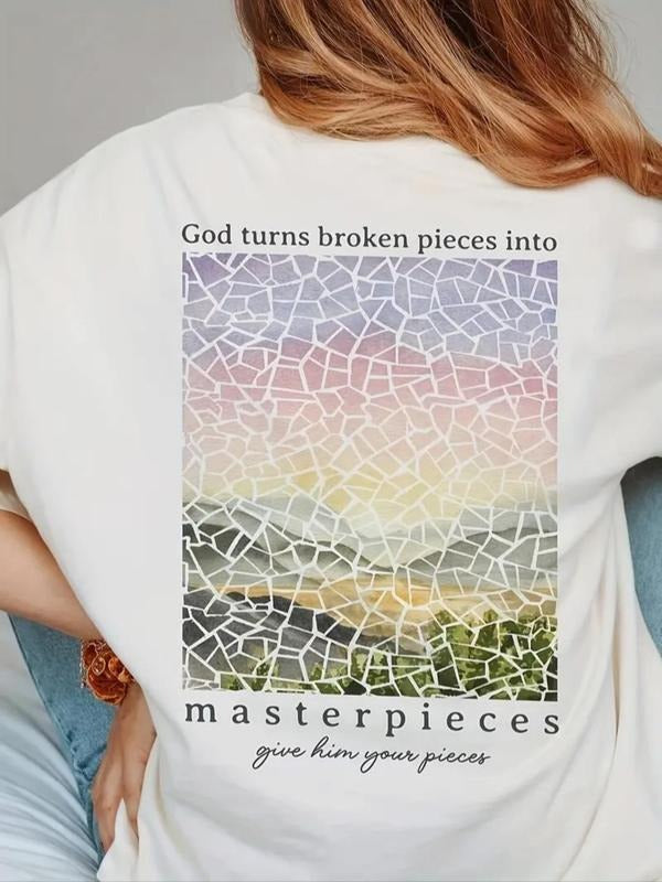 Women's Landscape & Letter Print Drop Shoulder Tee, Casual Half Sleeve Round Neck T-shirt for Summer, Women's Top for...