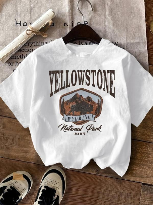 Women's Landscape & Letter Print Drop Shoulder Tee, Casual Short Sleeve Round Neck T-Shirt for Summer, Women's Top for...