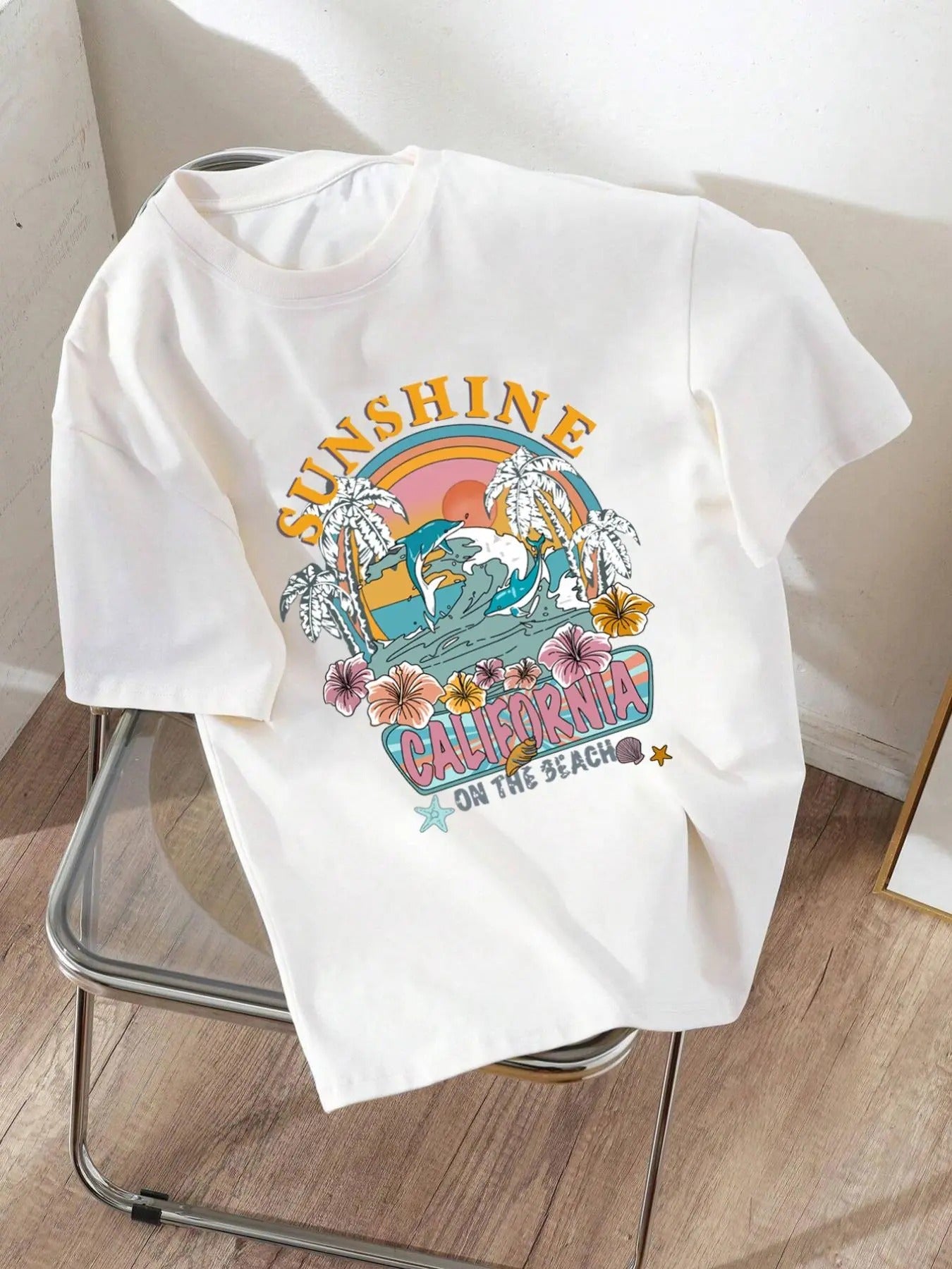 Women's Landscape & Letter Print Drop Shoulder Tee, Casual Short Sleeve Round Neck T-shirt for Summer, Ladies Clothes for...