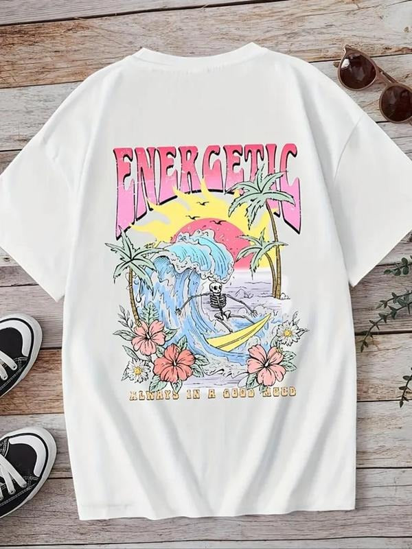 Women's Landscape & Letter Print Round Neck Graphic Tee, Vintage Trendy Casual Short Sleeve T-shirt for Daily Wear,...