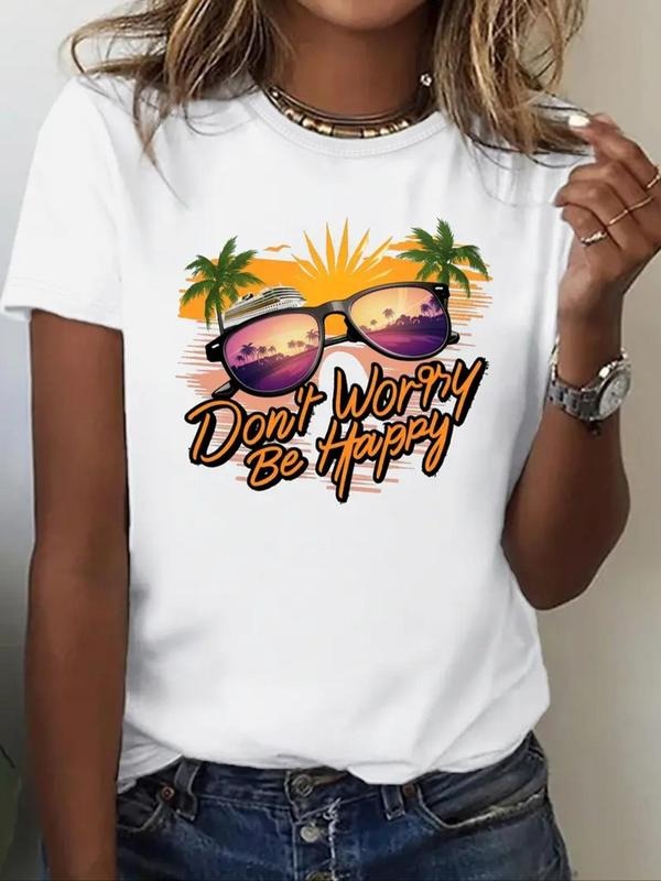 Women's Landscape & Letter Print Round Neck Graphic Tee, Vintage Trendy Casual Short Sleeve T-shirt for Daily Wear,...