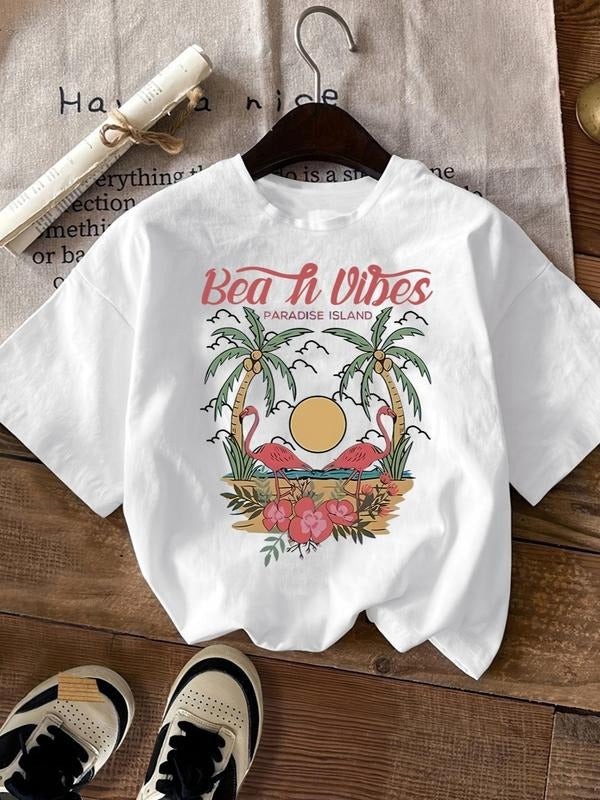 Women's Landscape & Letter Print Round Neck Tee,  Short Sleeve T-shirt for Summer, Casual Women's Top for Daily Wear...