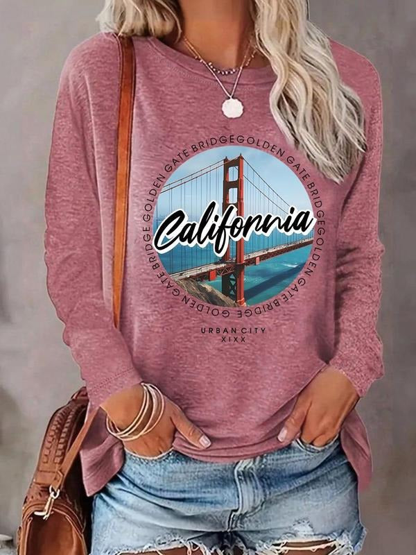 Women's Landscape & Letter Print Round Neck Tee, Casual Long Sleeve Crew Neck T-Shirt for Daily Wear, Ladies Clothes for...