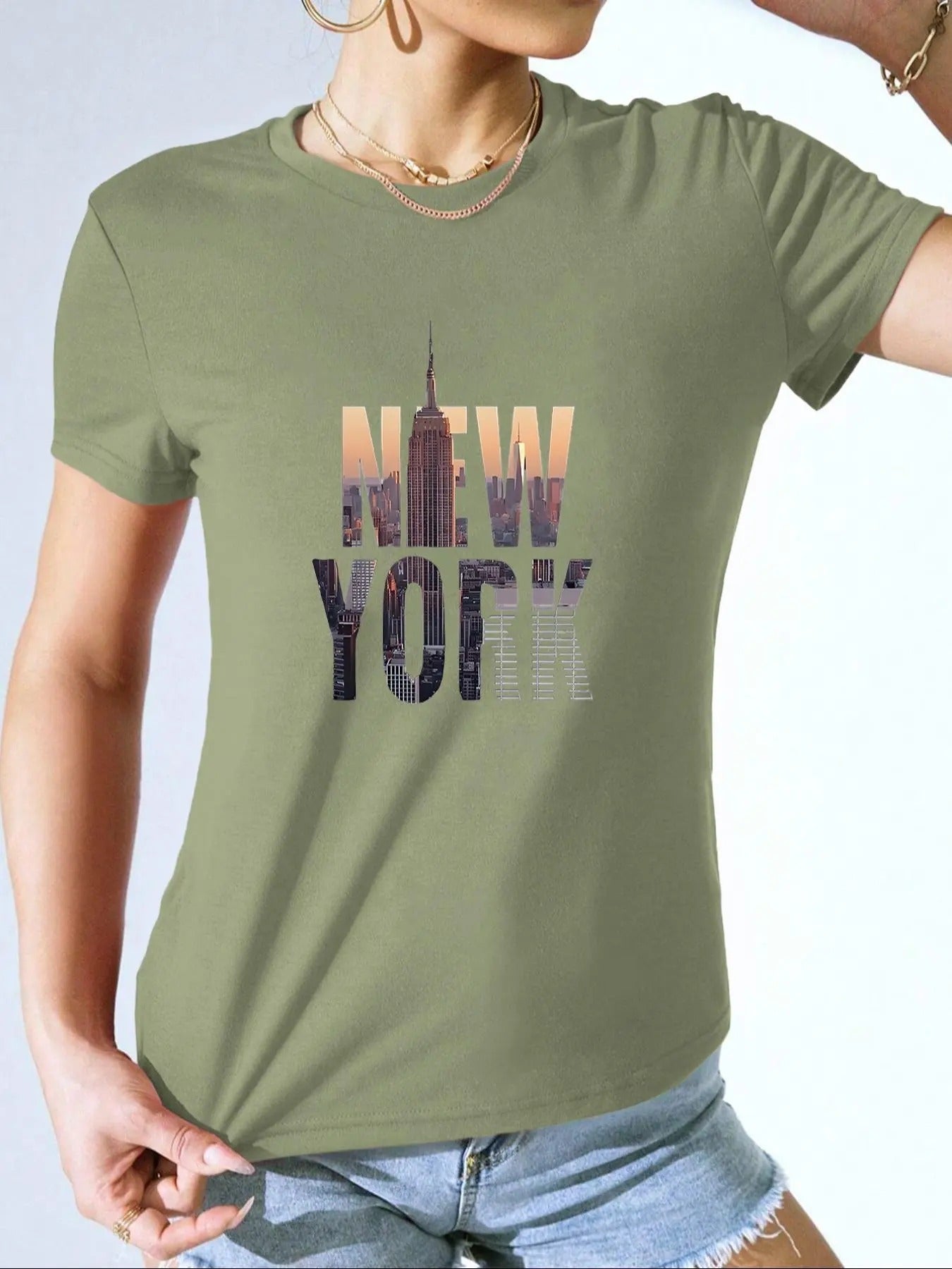 Women's Landscape & Letter Print Round Neck Tee, Casual Short Sleeve Crew Neck T-shirt for Daily Wear, Ladies Clothes for...