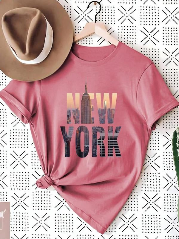 Women's Landscape & Letter Print Round Neck Tee, Casual Short Sleeve Crew Neck T-shirt for Summer, Fashion Women's Top...