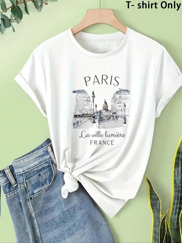 Women's Landscape & Letter Print Round Neck Tee, Casual Short Sleeve Crew Neck T-shirt for Summer, Women's Top for Daily...